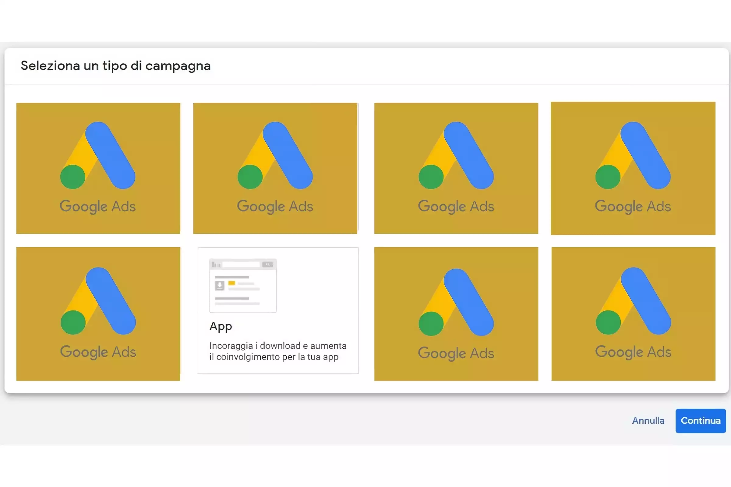 Immagine descrittiva che rappresenta la tipologia di campagna "app" su Google Ads. L'immagine viene utilizzata per far capire al lettore come funziona Google Ads e quali campagne ha a disposizione da poter scegliere.